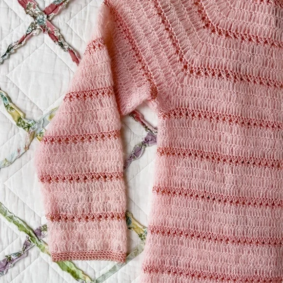 60s Baby Pink Long Sleeve Crochet Cardigan Sweater - Picture 7 of 8